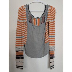 Free People Sweet Gal Thermal Top Long Sleeve Stripe Gray Orange sz XS Boho Knit